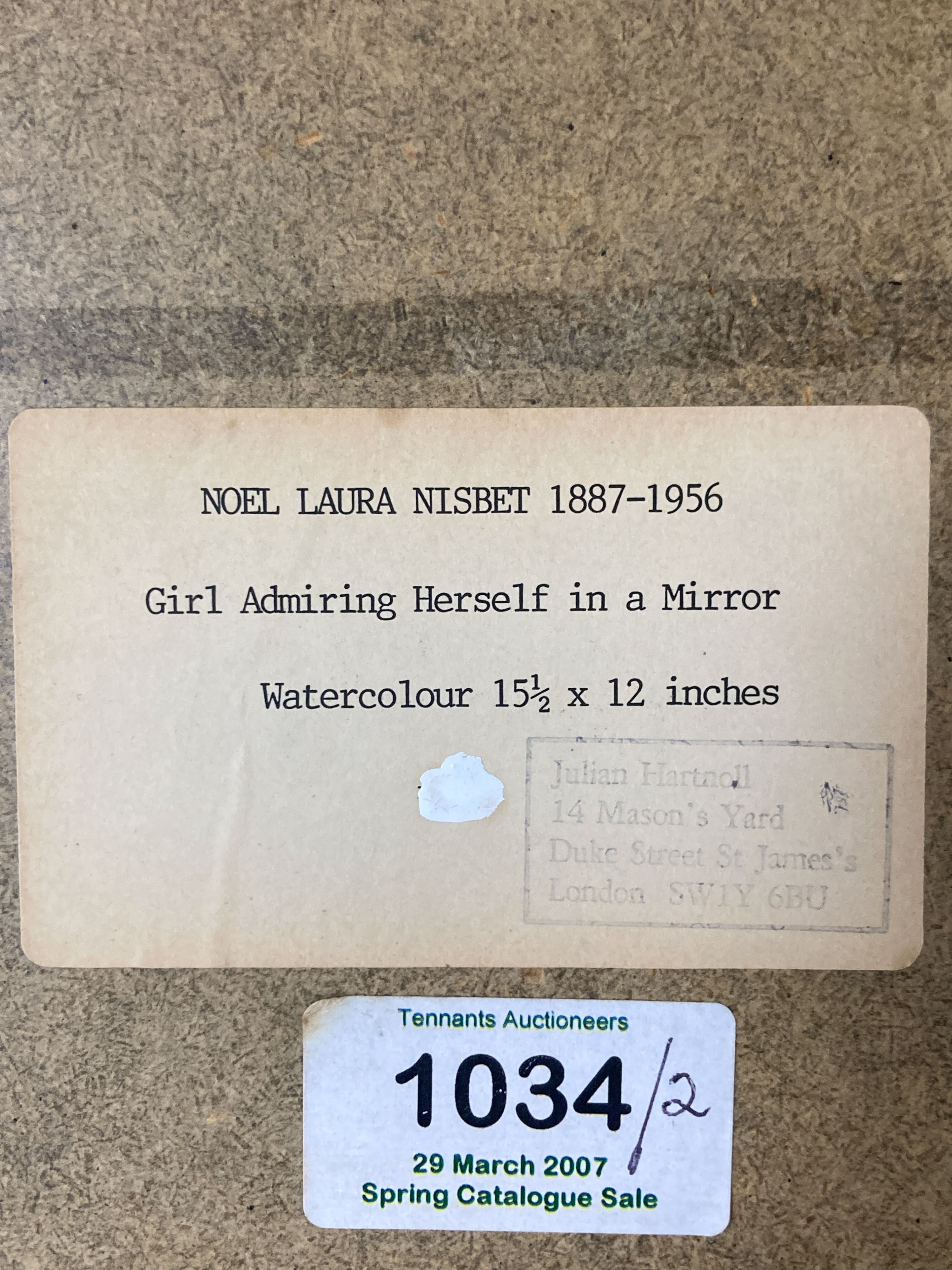 Noel Laura Nisbet (1887-1956), watercolour, Girl admiring herself in a mirror, monogrammed, Julian Hartnell label verso, 34x24cm